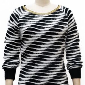 Elegant Black and White Zebra Sweater with Gold Trim